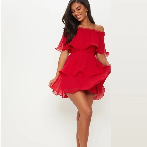 red bardot frill hem midi dress Dresses | Red Bardot Frill Hem Midi Dress